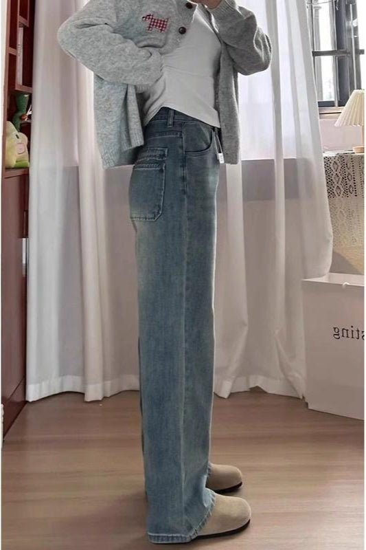 High-Waist Vintage Washed Wide-Leg Denim Jeans