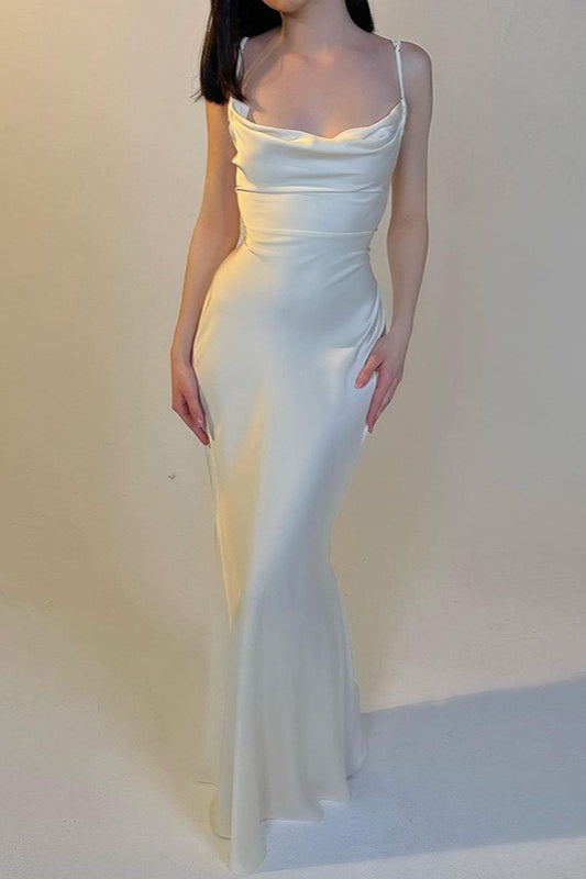 Satin Cowl Neck Spaghetti Strap Slim Maxi Prom Dress - View 3
