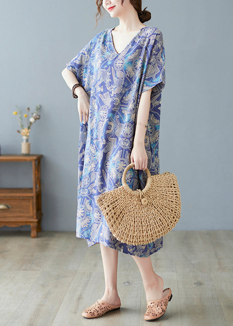 Crane Print V-Neck Short Sleeve Drop Shoulder Shift Midi Dress - View 4