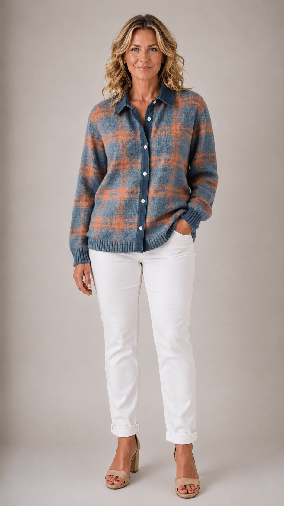Plaid Collared Button Front Knit Cardigan
