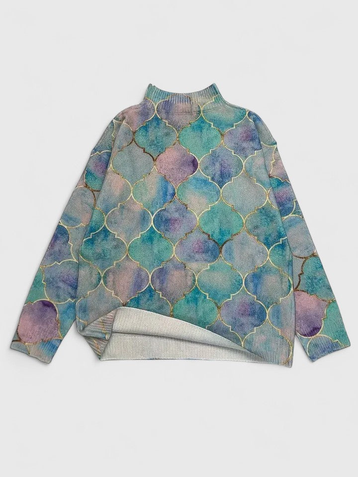 Turtleneck Moroccan Tile Print Long Sleeve Knit Sweater 2