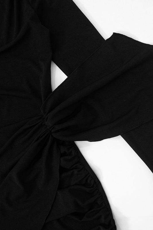 Crew Neck Long Sleeve Ruched Wrap Hip Knot Bodycon Mini Cocktail Dress - View 9