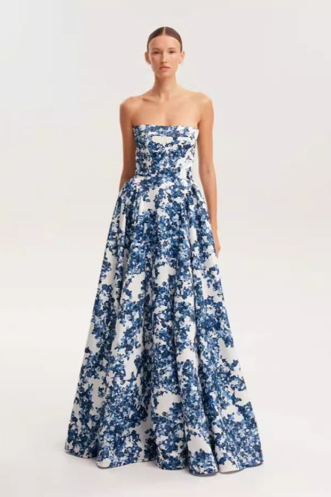 Floral Strapless Corset Cut Out A-Line Maxi Dress