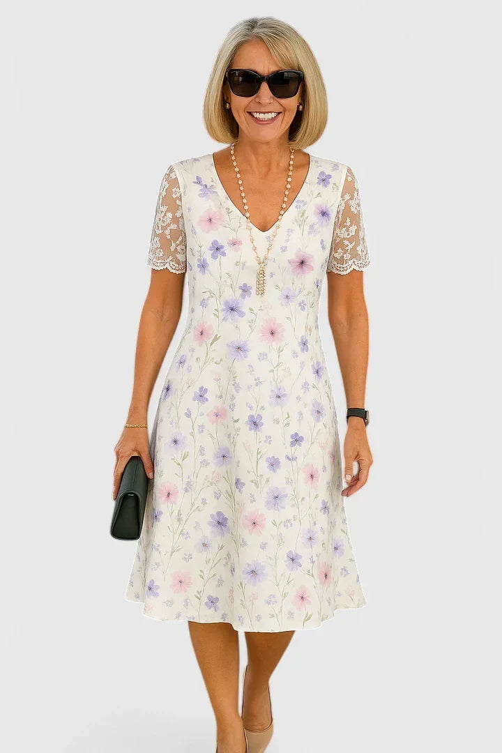 Floral V-Neck Lace Sleeve Fit and Flare Midi Dress
