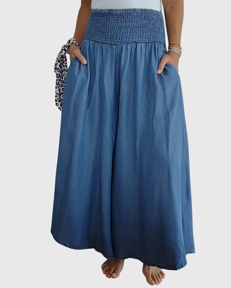 Smocked High Waist Wide Leg Denim Palazzo Pants