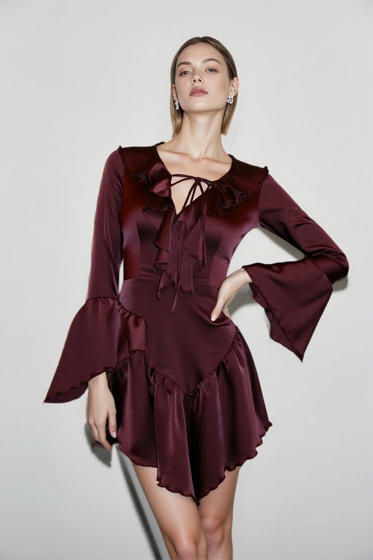 Lace-Up Ruffle V Neck A-Line Mini Dress - View 4