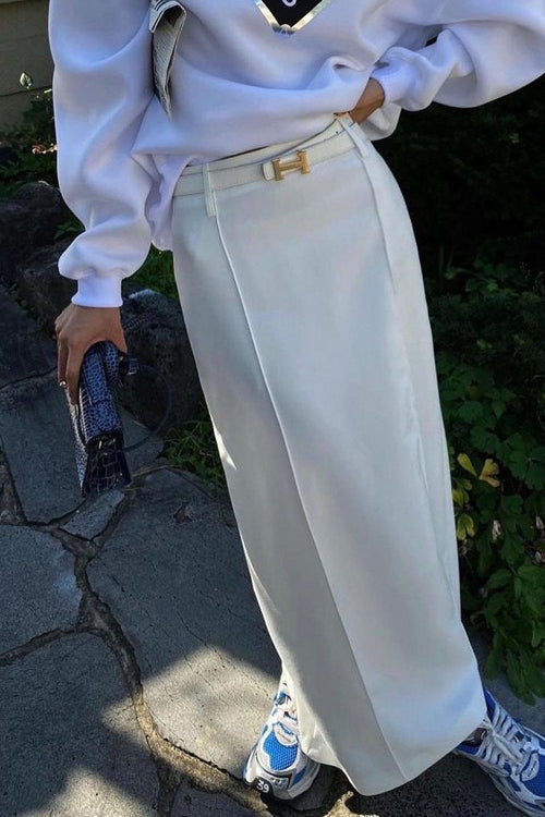 Relaxed Fit Cream Office Midi Skirt