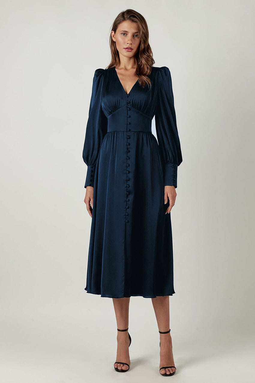Satin Puff Sleeve Bustier Tailored Midi Dress - View 9