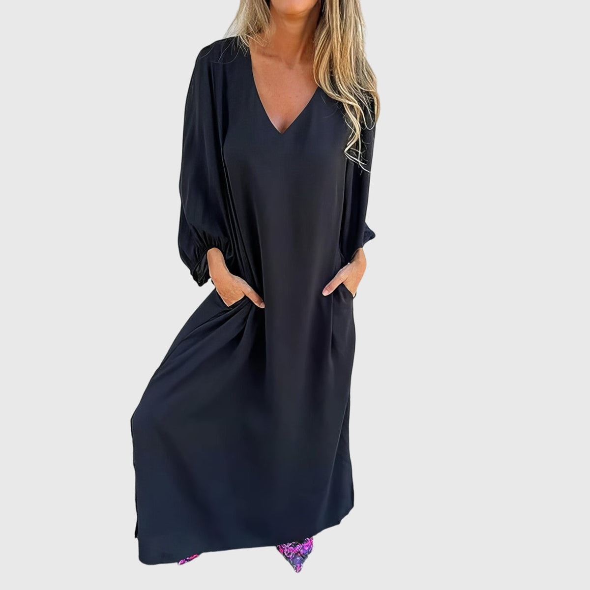 Satin V-Neck Lantern Sleeve Side Split Maxi Dress 3
