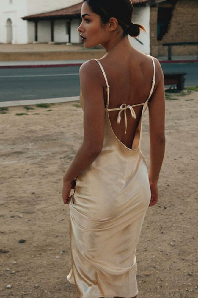 Satin Cowl Neck Spaghetti Strap Bias Cut Mermaid Hem Maxi Dress - View 2