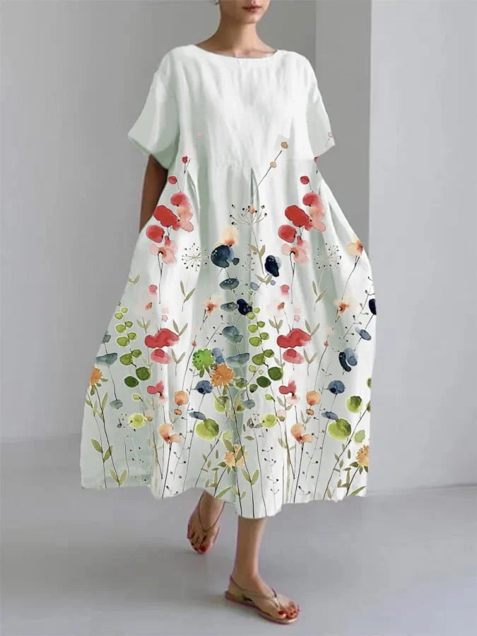 Floral Print Round Neck Short Sleeve Midi Dress