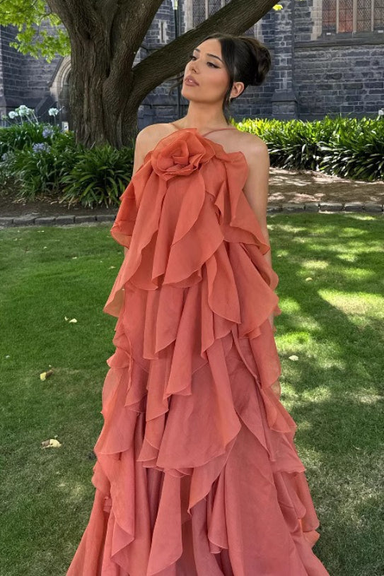 3D Floral Halter Neck Tiered Ruffle Maxi Gown - View 4