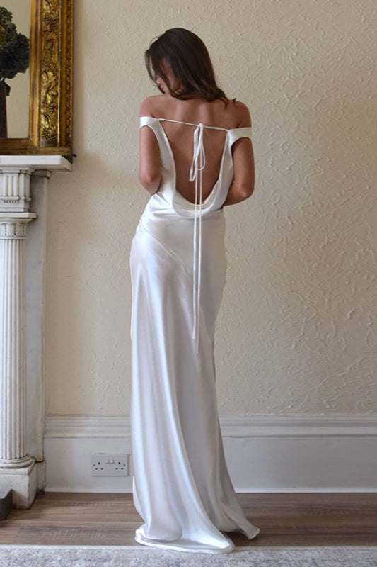 Satin Off Shoulder Cowl Draped Slim Fit Maxi Dress - View 4