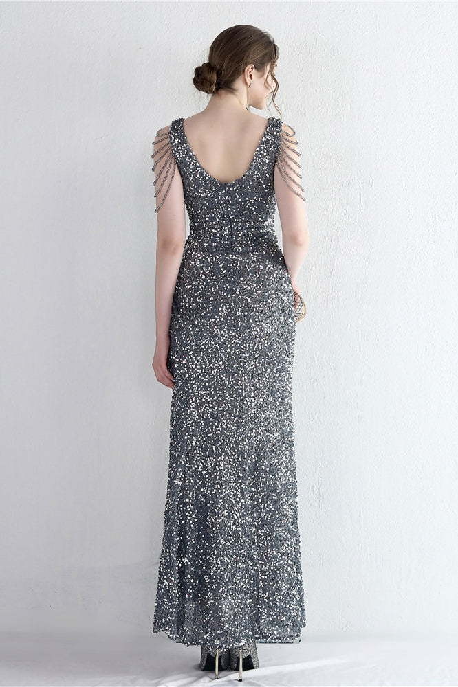 Sequin V-Neck Beaded Fringe High Split Mermaid Gown - View 24