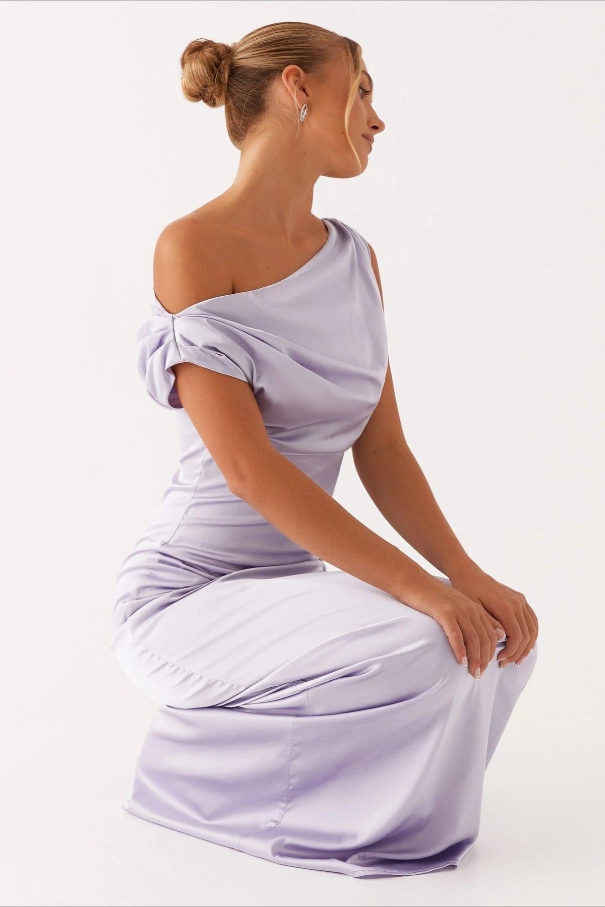 Satin Asymmetric One Shoulder Ruched Maxi Gown - View 17