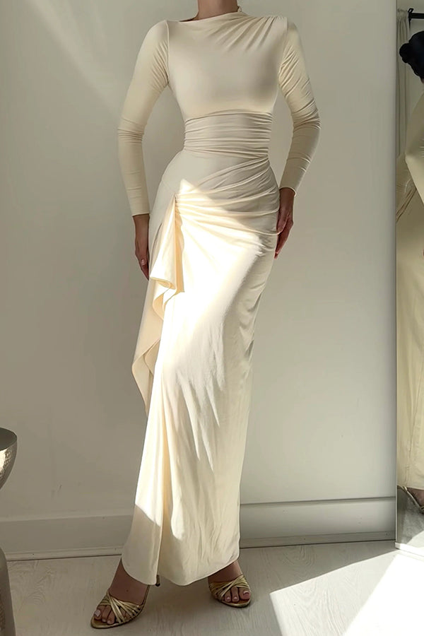 Venus Long Sleeve Ruched Side Slit Drape Ruffles Back Maxi Dress - View 2