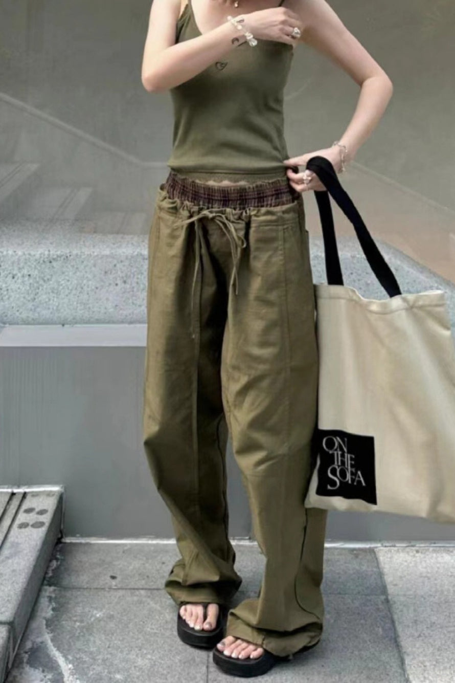 Color Block Plaid Elastic Double Waist Khaki Cargo Pants