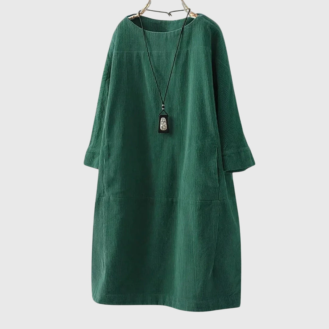 Corduroy Round Neck Long Sleeve Pocket Midi Dress 2