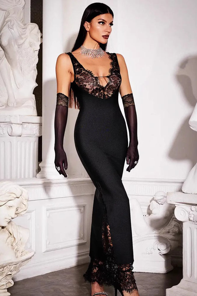 Deep V-Neck Lace Bodycon Mini Dress