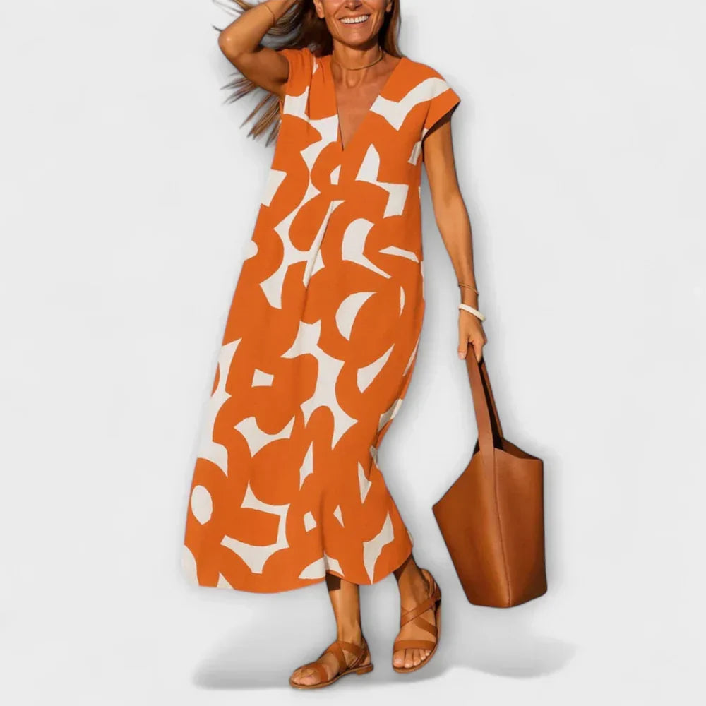 Geometric Print Deep V-Neck Cap Sleeve A-Line Midi Dress 5