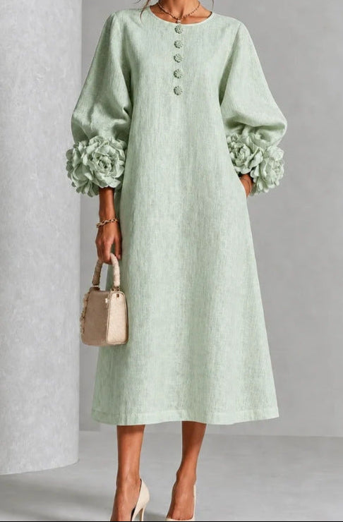 Round Neck 3D Floral Cuff Button Front Midi Dress 8