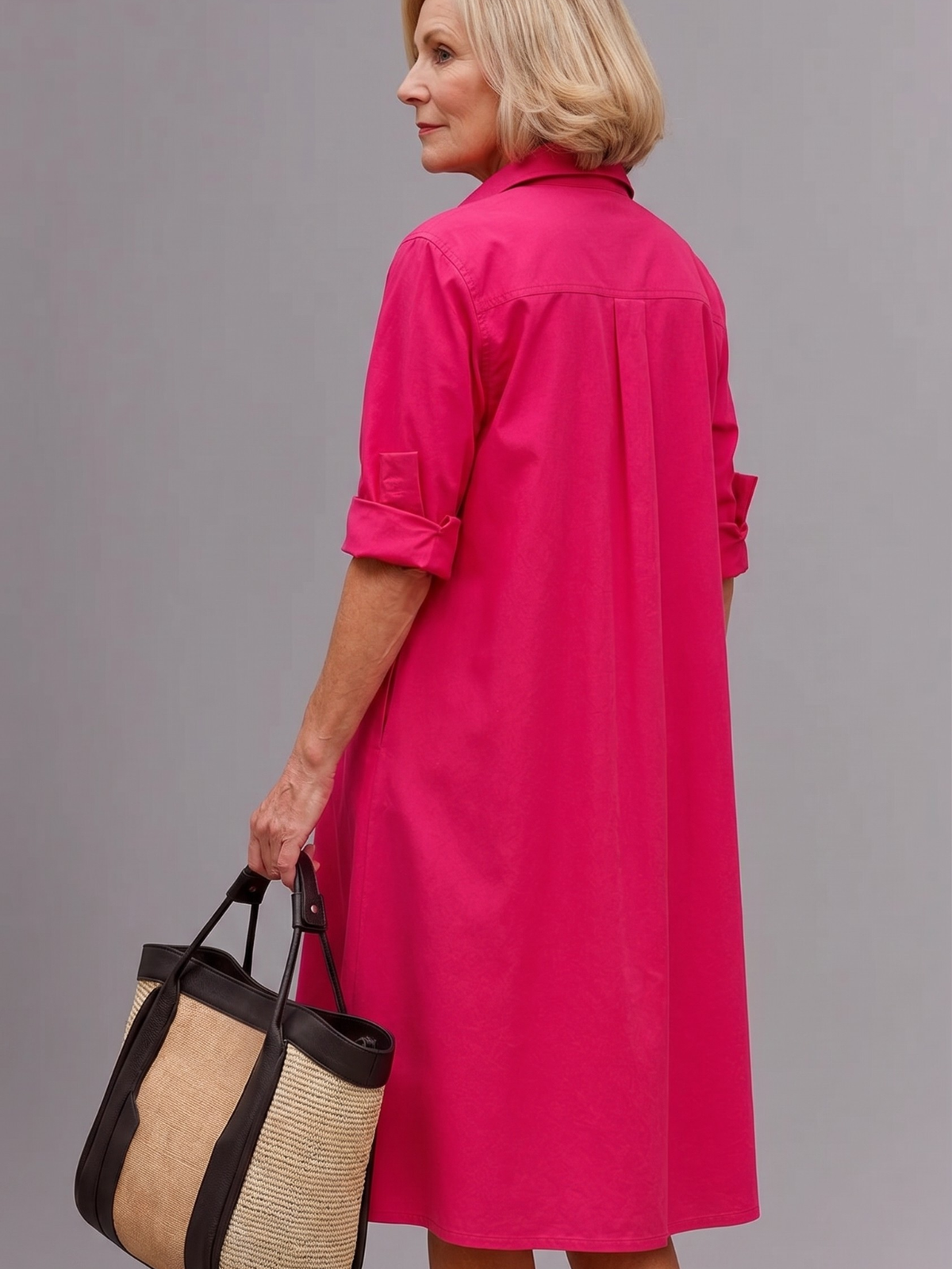 Collared Half Placket Roll Sleeve A-Line Midi Shirt Dress 2