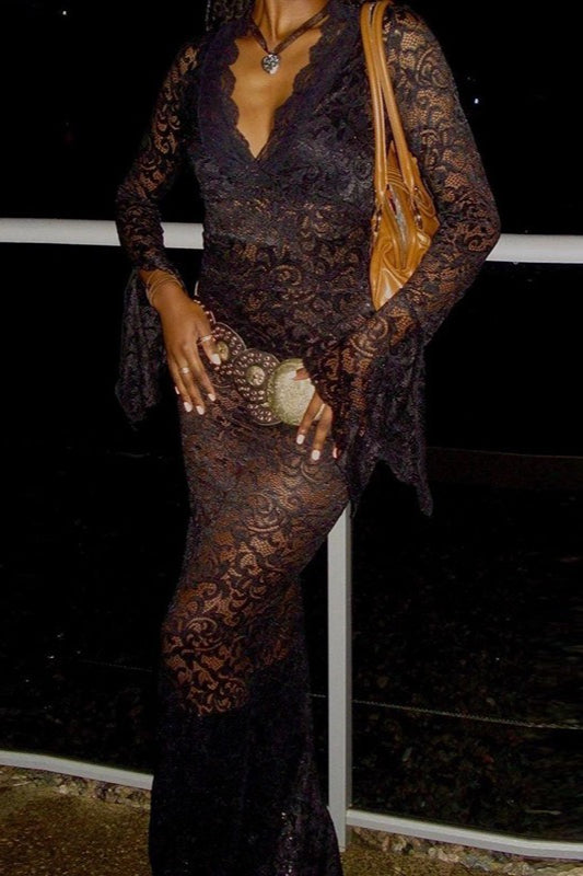 Lace Sheer Mesh Maxi Dress