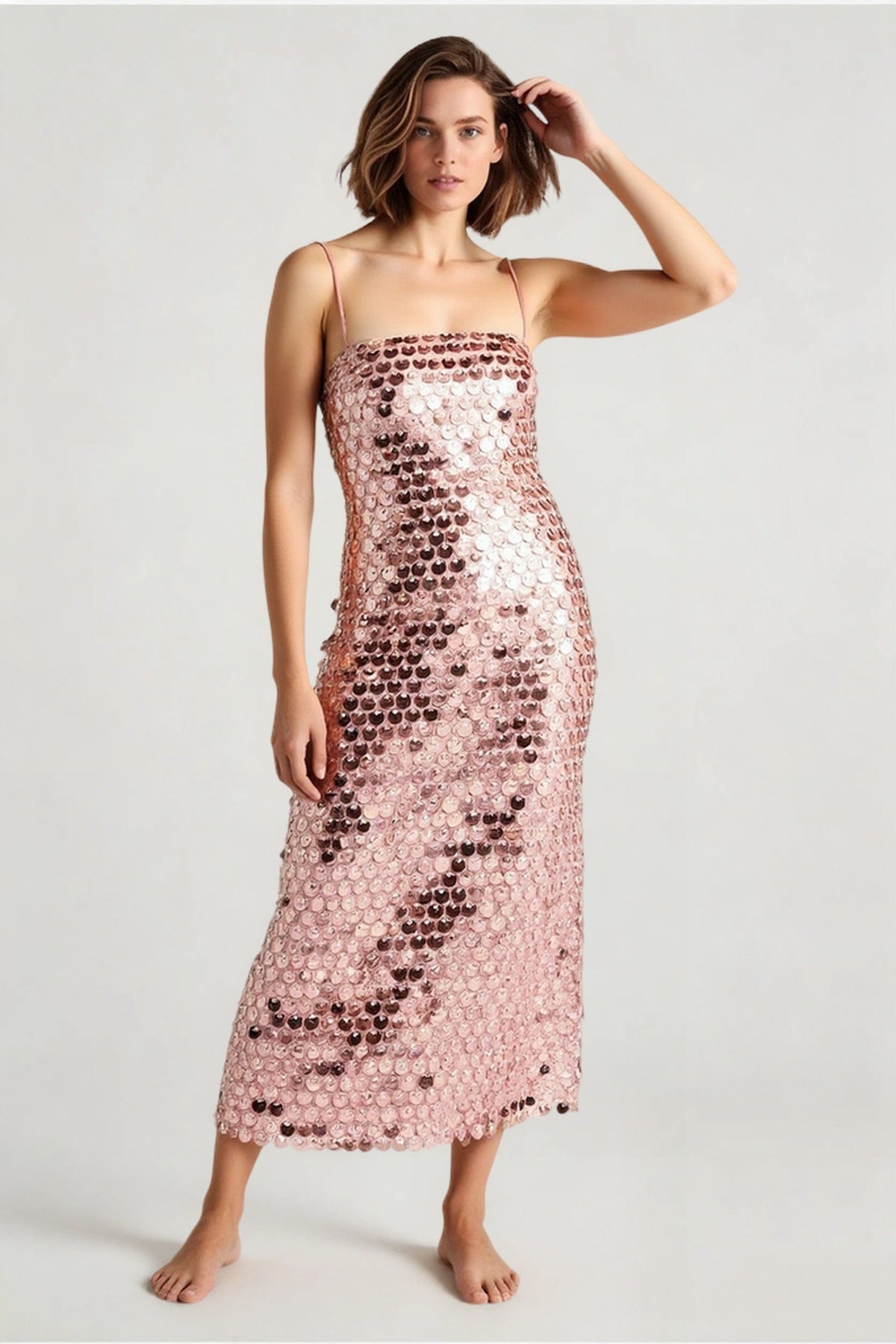 Sequin Striped Spaghetti Strap Square Neck Bodycon Midi Dress - View 5