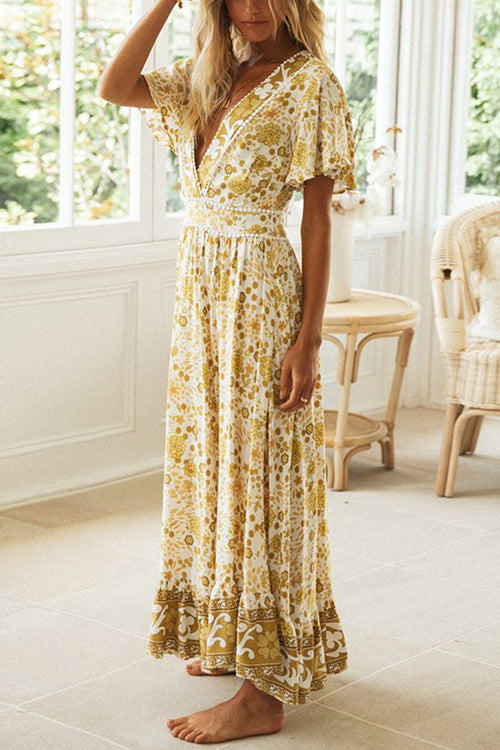 Floral Print Deep V-Neck Pom Trim Flutter Sleeve Maxi Dress - View 5