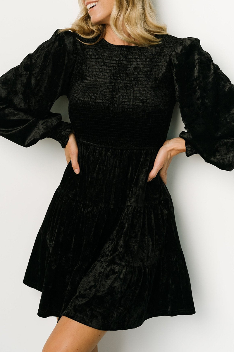 Crew Neck Long Sleeve Smocked Tiered Velvet Mini Dress 4