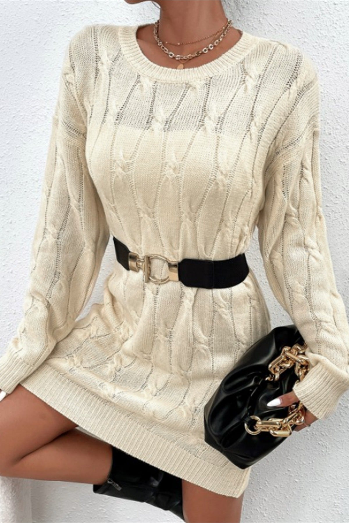 Solid Color Long Sleeve Cable Knit Sweater Dress S / Beige