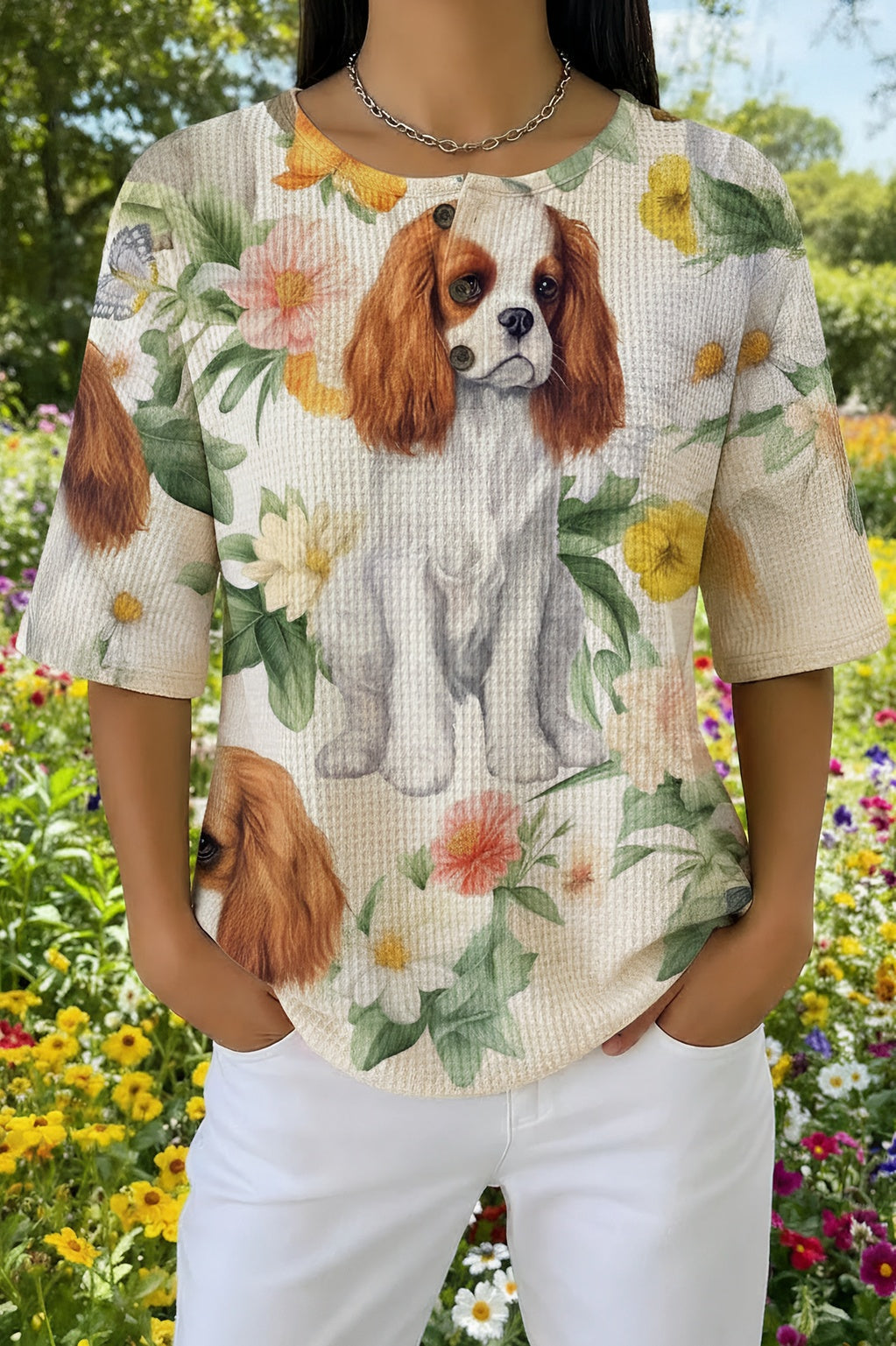 Dog and Floral Print Waffle Knit Short Sleeve Top