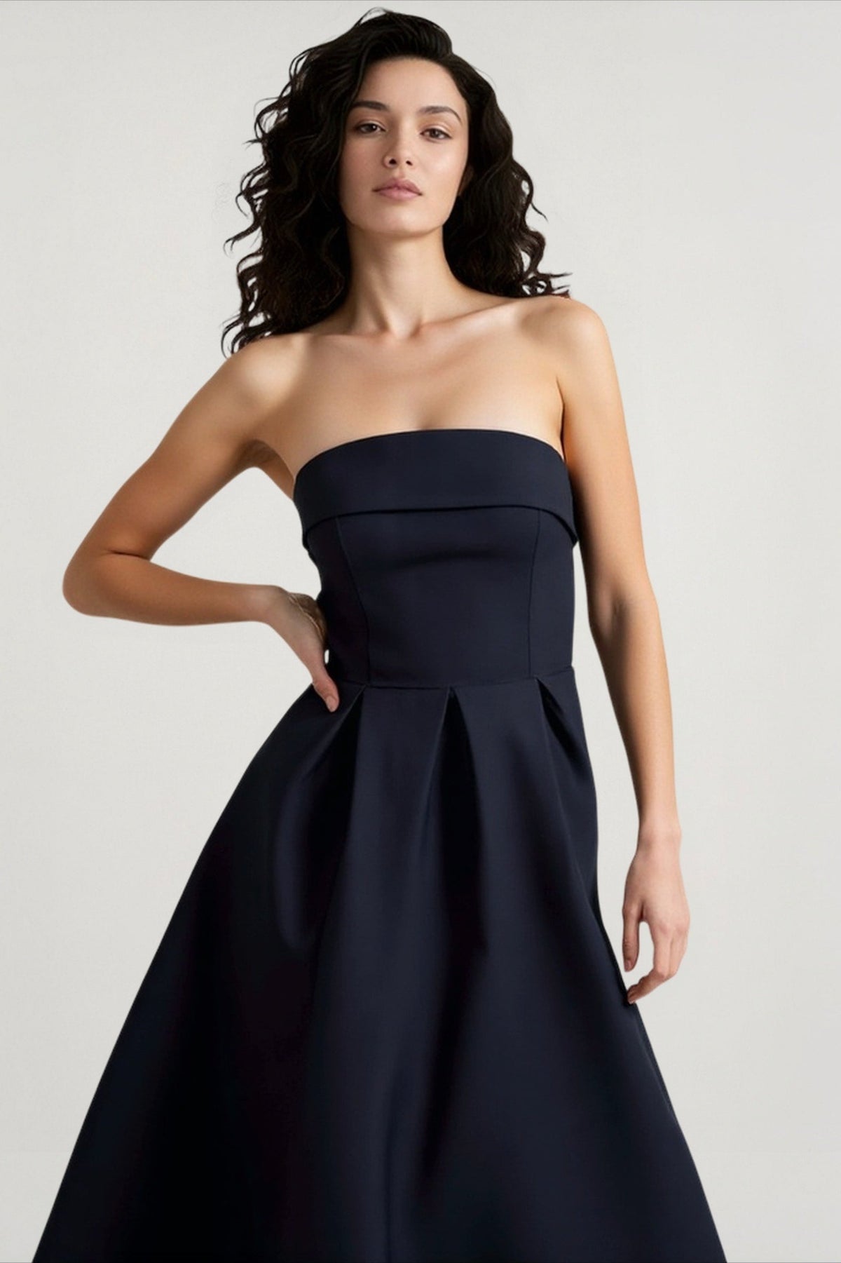 Strapless Fold Over Neck Pleated Fit and Flare Midi Cocktail Dress