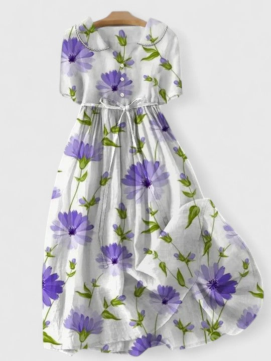Floral Print Collared Short Sleeve Drawstring Waist Maxi Dress 2
