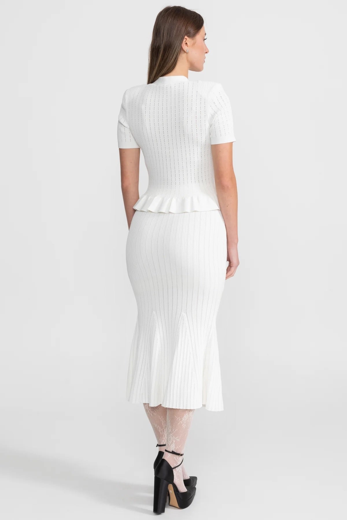 Knit Midi Co-Ord with Peplum Waist and Gold Buttons – White - View 3
