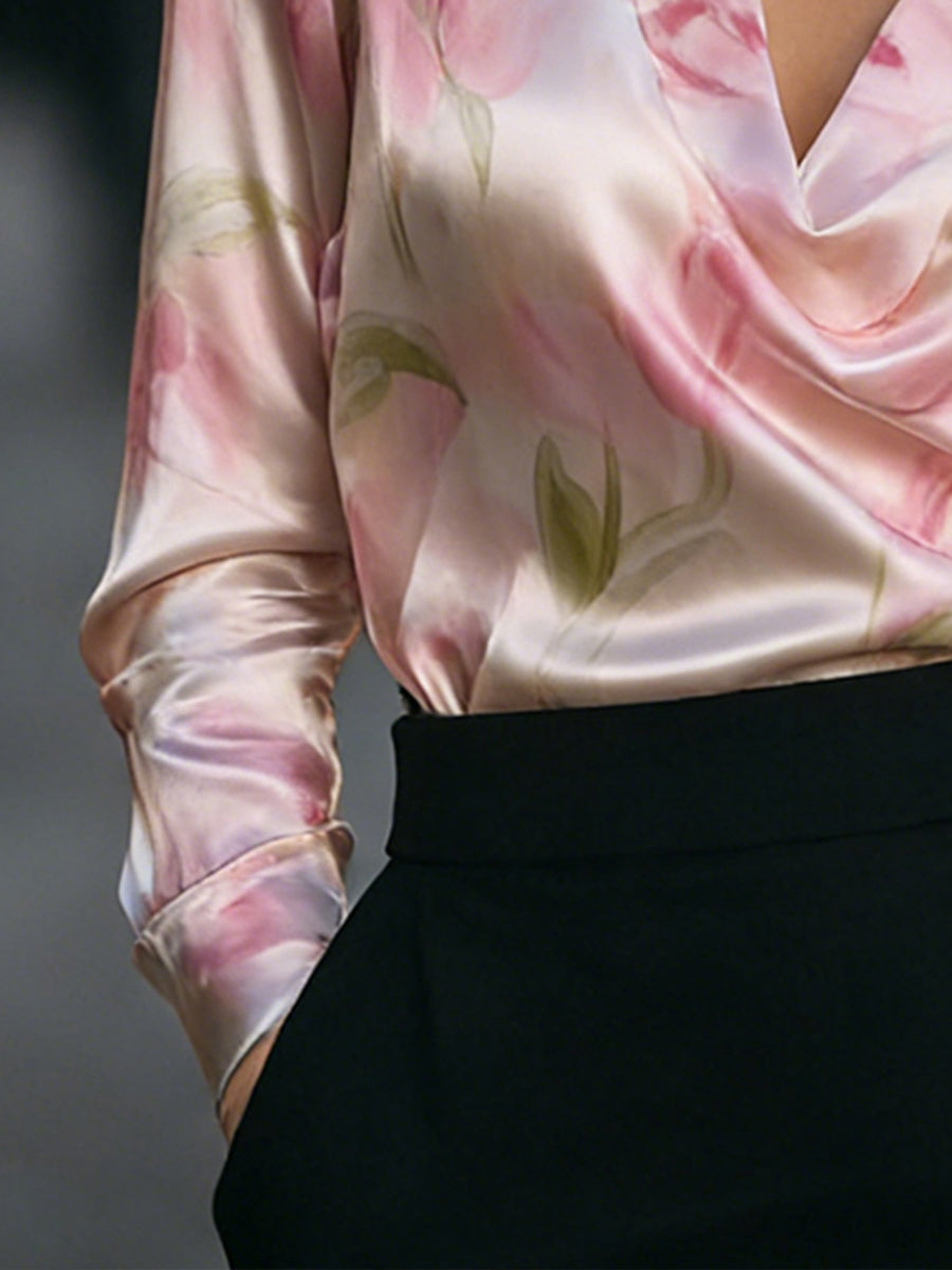 Floral Print Satin Collared Long Sleeve Blouse 4