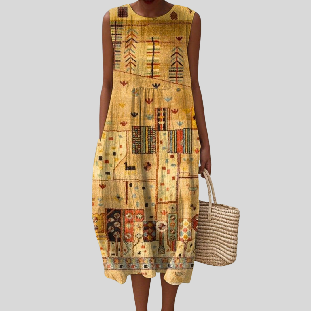 Aztec Art Print Sleeveless Pocket Midi Dress