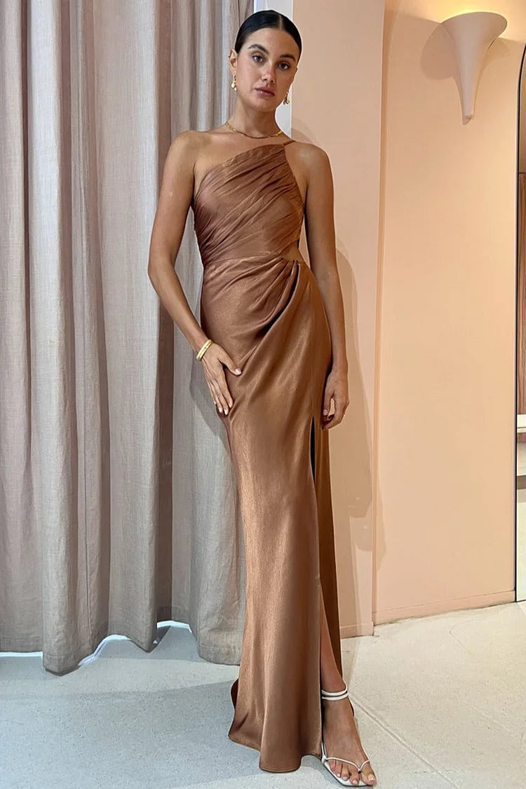 One Shoulder Ruched High Split Cami Maxi Dress