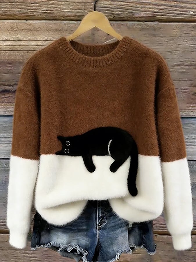 Cat Print Colorblock Crew Neck Fuzzy Sweater 9