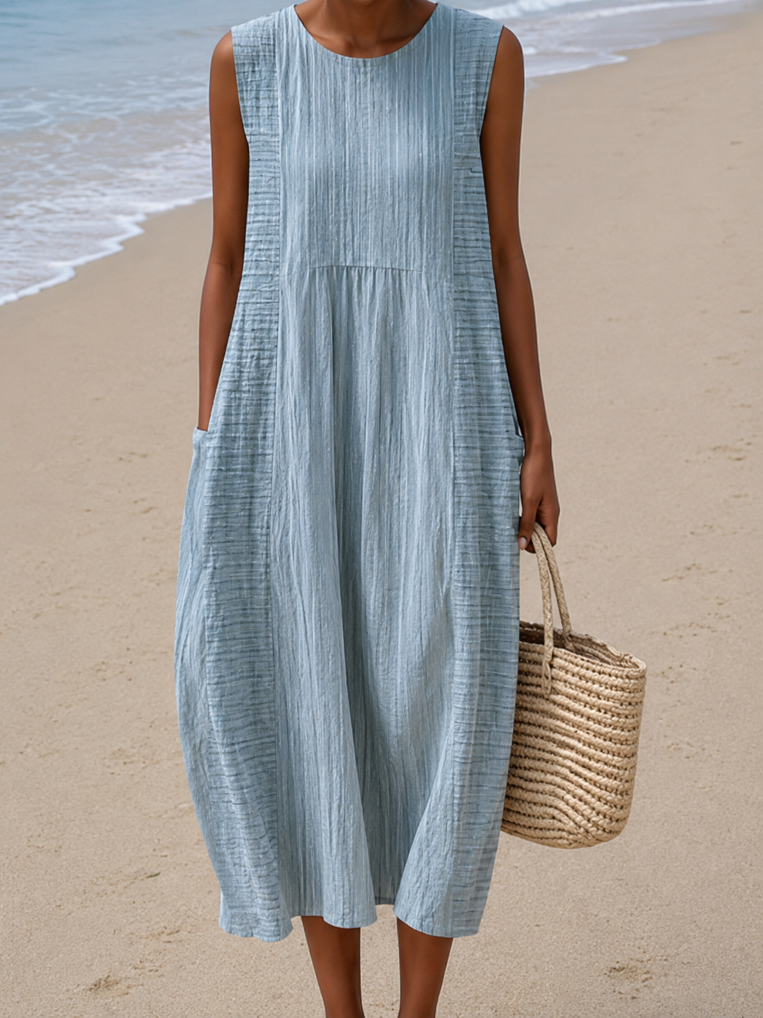 Crew Neck Sleeveless Pocket Midi Beach Dress