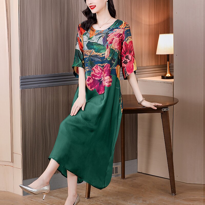 Floral Print Color Block Short Sleeve Loose Midi Dress - View 3