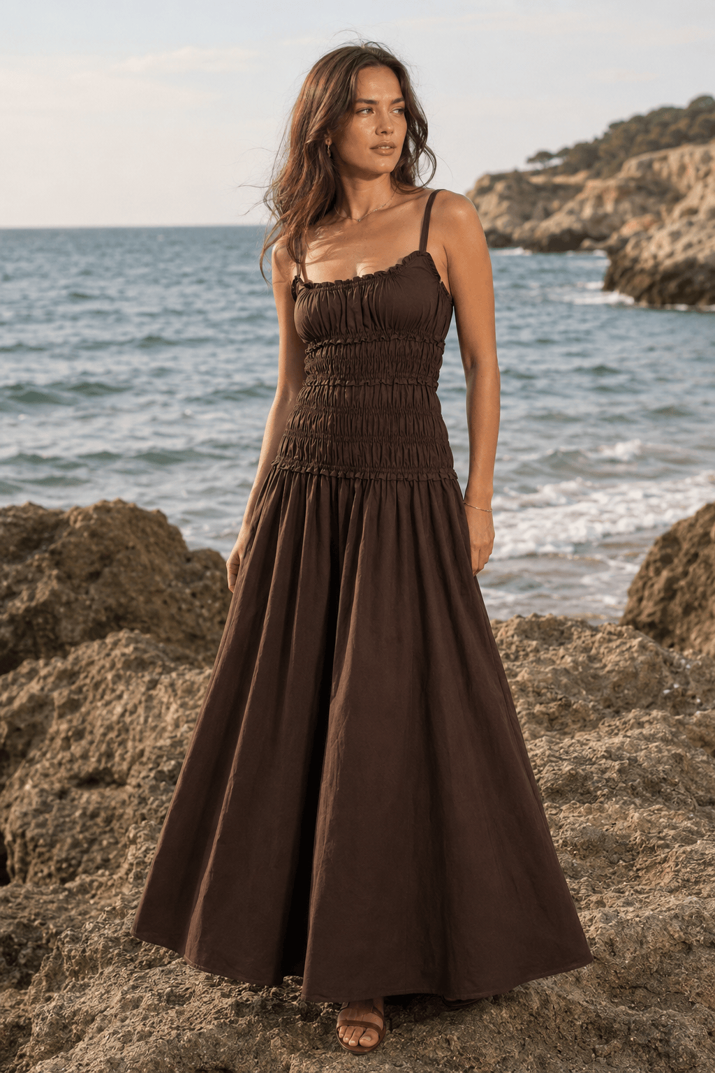 Ruffle Trim Shirred Bodice Tiered Cotton Maxi Dress 5