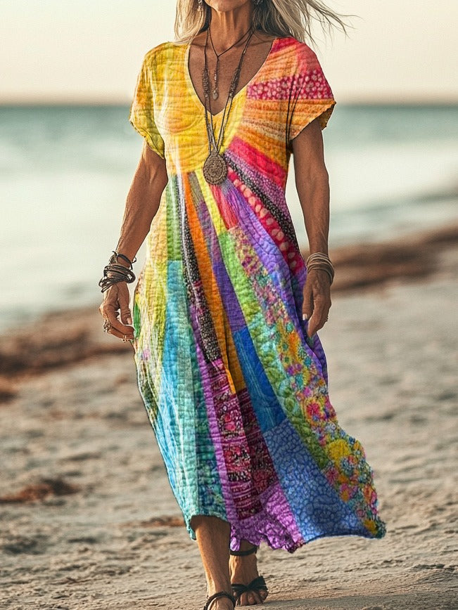 Patchwork Print V-Neck Long Sleeve Boho Maxi Dress 4