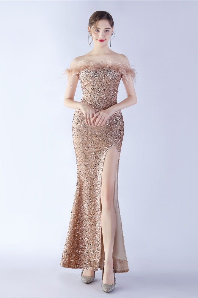 Sequin Off Shoulder Feather Trim High Split Mermaid Gown - View 7