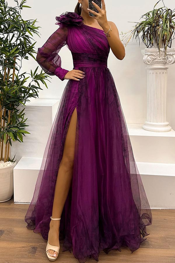 Tulle Off Shoulder Asymmetrical One Sleeve Maxi Dress - View 2