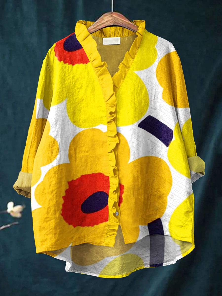 Floral Print Ruffle Placket Band Collar Blouse 2