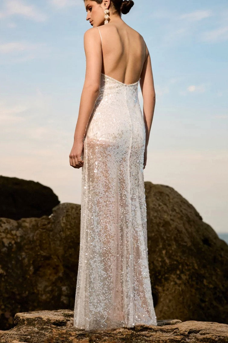 Sequin Spaghetti Strap Low Back Slip Maxi Dress - View 2