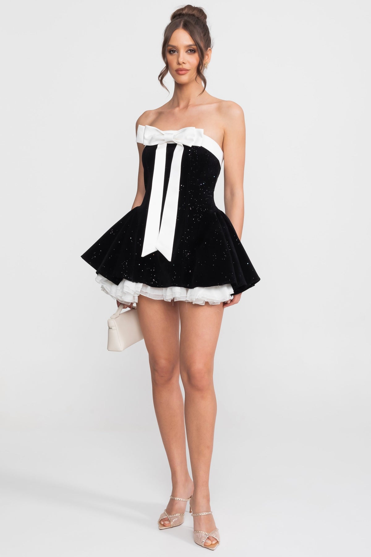Strapless Velvet Mini Dress With Satin Bow And Ruffle Hem - Black - View 3