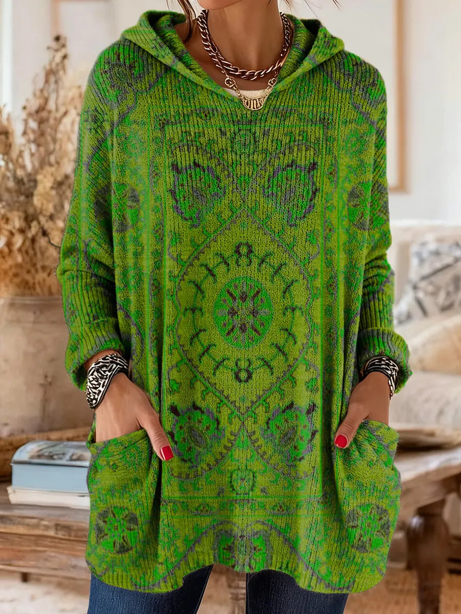 Medallion Print Hooded Oversized Tunic Sweater 5