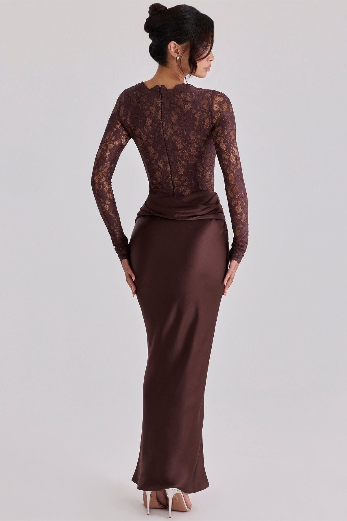 Lace Sheer Mesh Ruched Satin Maxi Dress